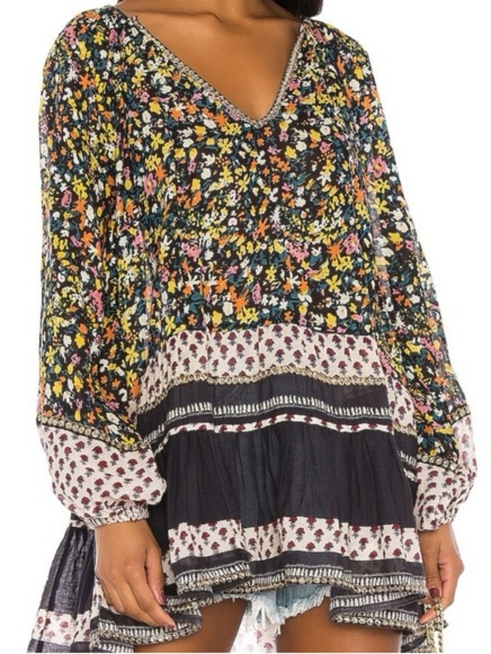 Free People XS Oversized Boho Floral V-Neck Peasant Tunic - Black Multi